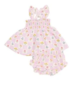 Floral Check Ruffle Strap Smocked Top + Bloomer