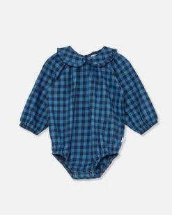 Lucia Gingham Baby Romper In Blue