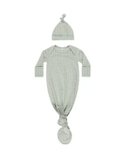 Knotted Baby Gown + Hat Set In Sage Grid