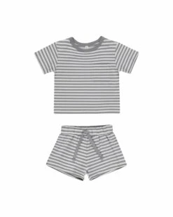 Pocket Tee + Short Set In Blue Stripe