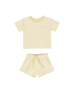 Pocket Tee + Short Set In Yellow Stripe