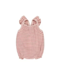 Ribbed Ruffle Romper In Pink Stripe