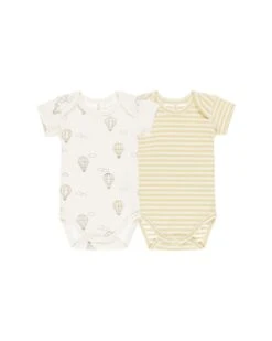 Set Of 2 Short Sleeve Bodysuits In Hot Air Balloons + Yellow Stripe