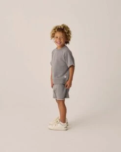 Short Sleeve Sweatshirt In Heathered Grey -LITTLE Baby Gear little rylee cru short sleeve sweatshirt in heathered grey 51066906149156